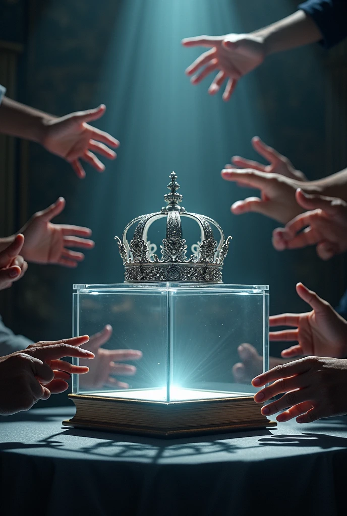 (bookcover), large silver wedding crown, Wedding crown in a glass box on the table, dark background, Under the glass box there is a stage space for cast weddings, Many hands from the right and left want to grab the wedding crown, perfect hands