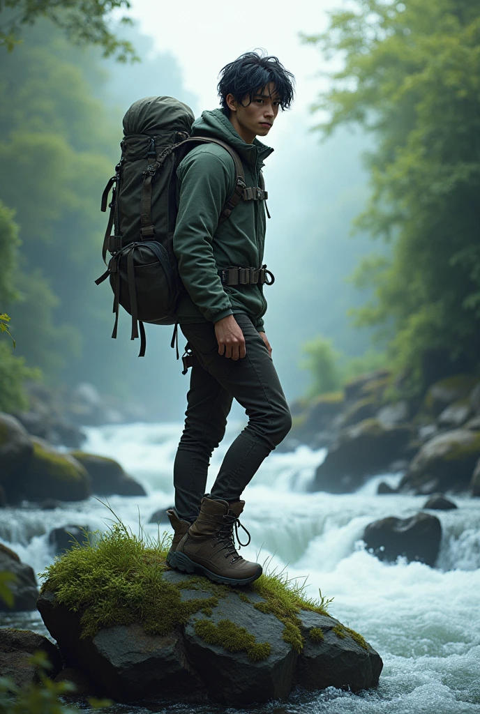 white male, with layered black hair, with blue eyes. Wearing hiking gear on top of a rock in the river