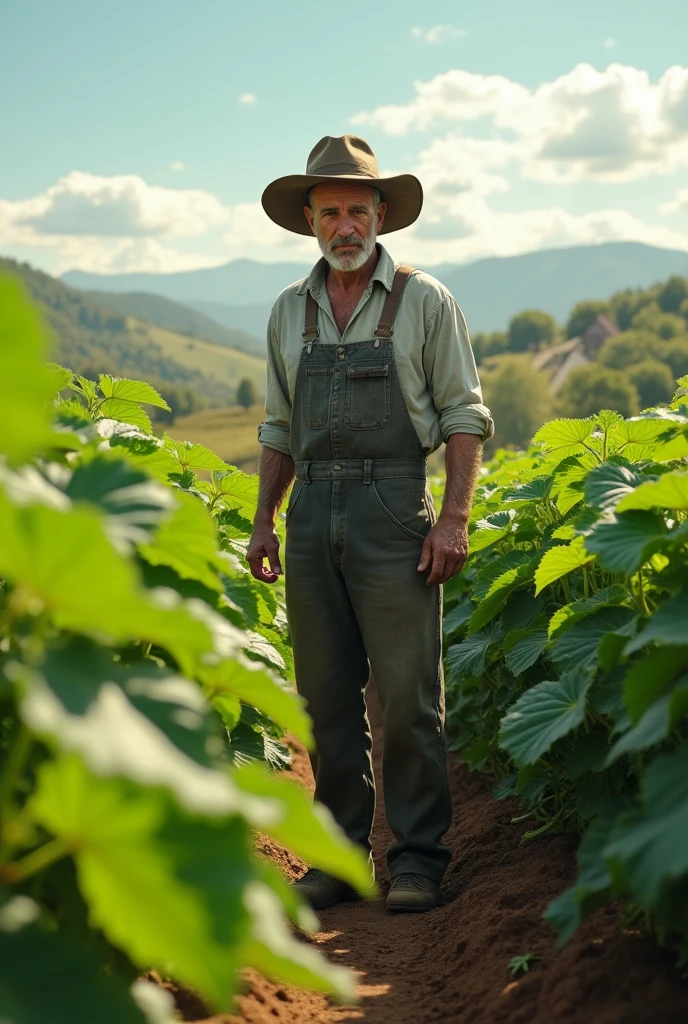 Create a realistic and cinematic picture of a farmer in a cucumber garden.