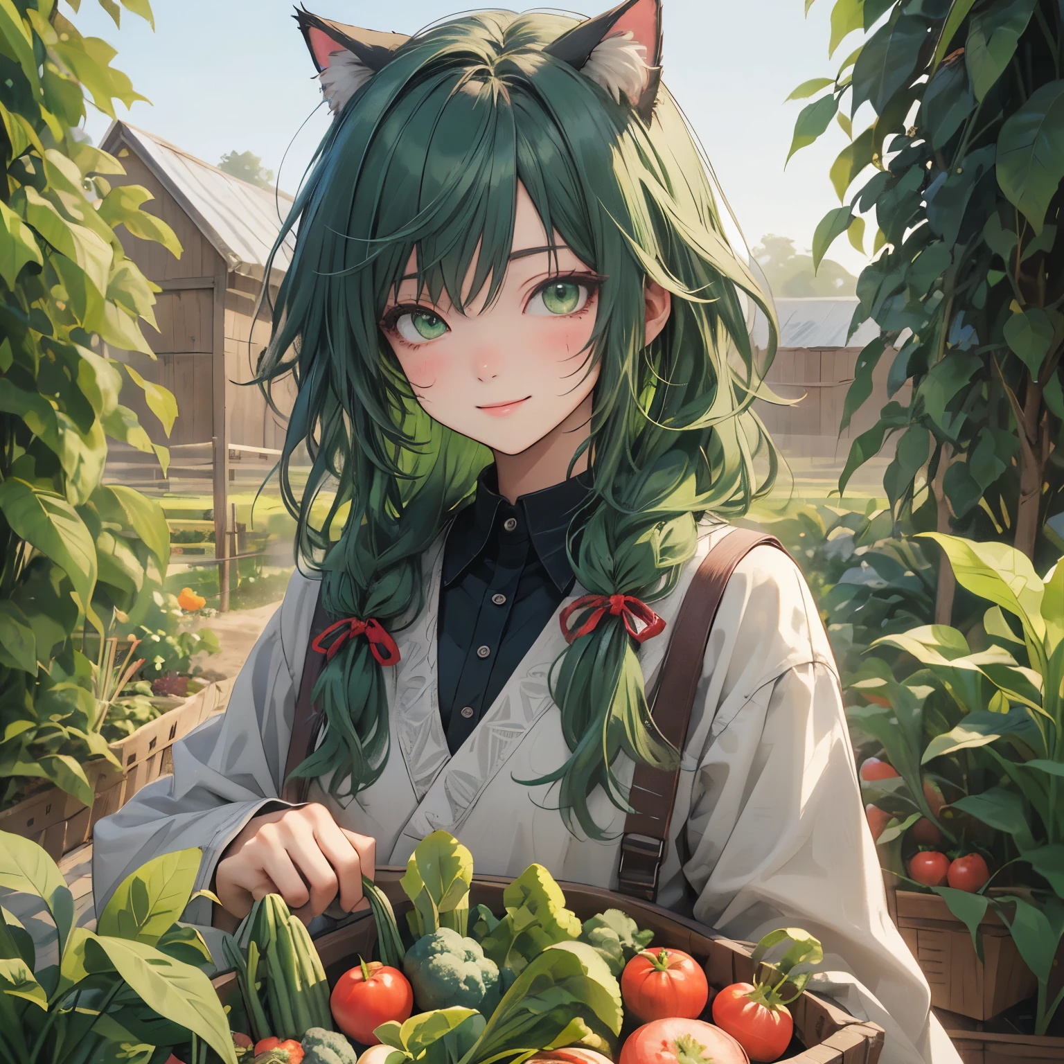 (masterpiece), Highest quality, Ultra-high resolution,Cat ears with green ribbon、Green Hair、Green Eyes、緑色のFarmerの服、vegetables、Farm、Farmer、Vegetable garden、smile