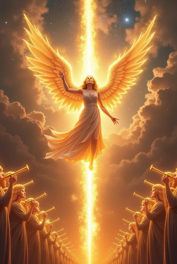 over the horizon, the night sky explodes in a celestial light show. An angel descends on a majestic journey from the firmament, its large, ethereal pairs of wings bursting forth a stream of golden light. He wields a sword of fire, whose incandescent blade burns with a divine intensity, casting bright sparks and dancing shadows around it. acima dele, the sky is a shining tapestry, dotted with countless angels in formation, all holding golden trumpets that emit a deep, resonant sound. The brightness of the trumpets and the splendor of the sword create a dazzling contrast against the heavenly backdrop, painting a picture of power and serenity.