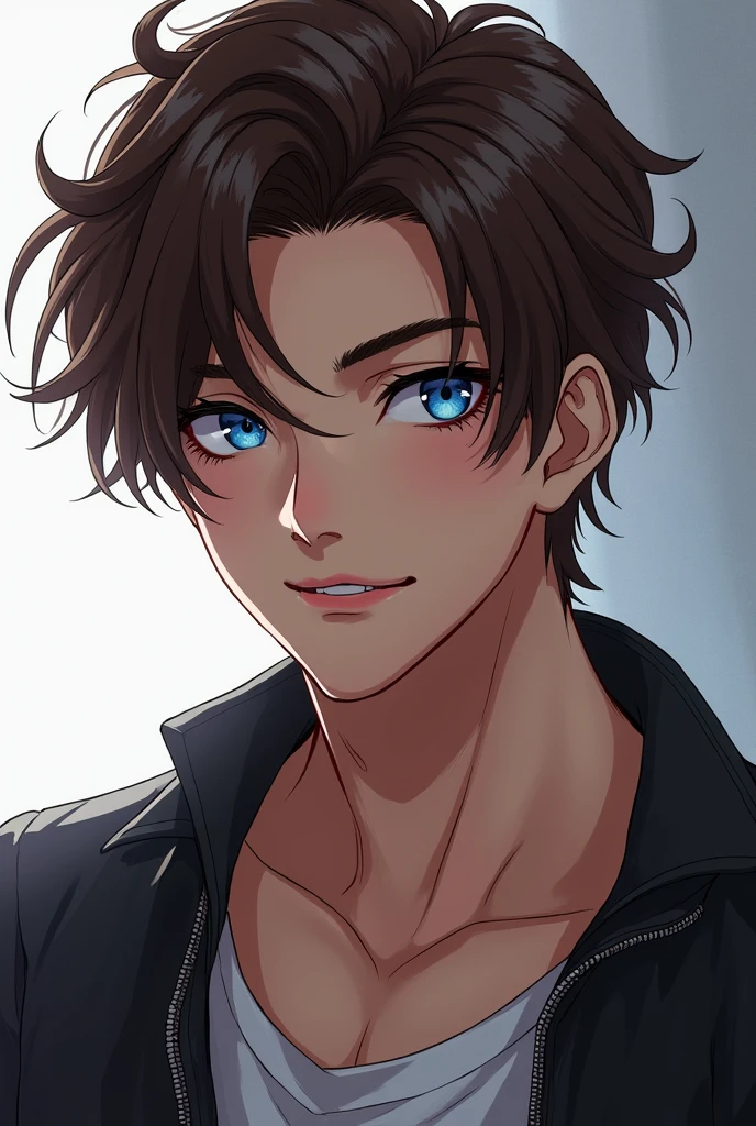 Anime boy Blue eyes Brown hair Broad shoulders Sexy lips Sexy look Altl Bad boy Laughing expression