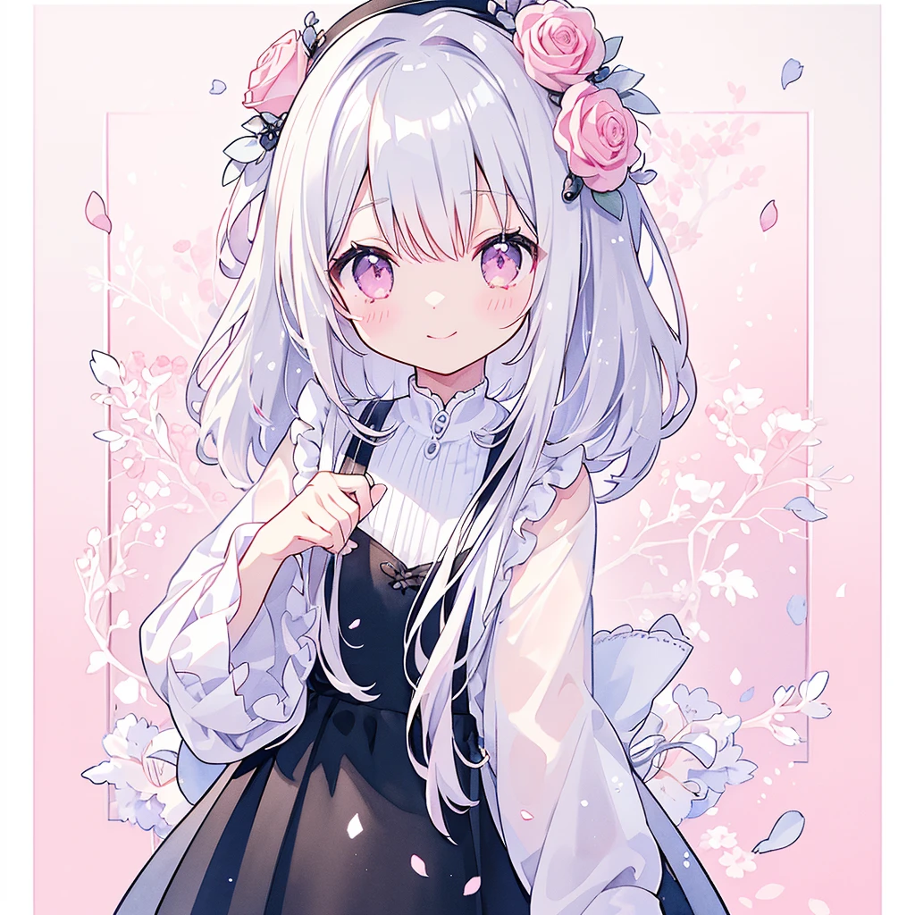 Transparent watercolor、、Beautiful layout and motif、Depth of written border、smile、1 person、Silver Hair((Medium Hair、Straight Hair))、White bristles、Fashionable design clothes、Background white、Rose petals、cute、black and pink goth、