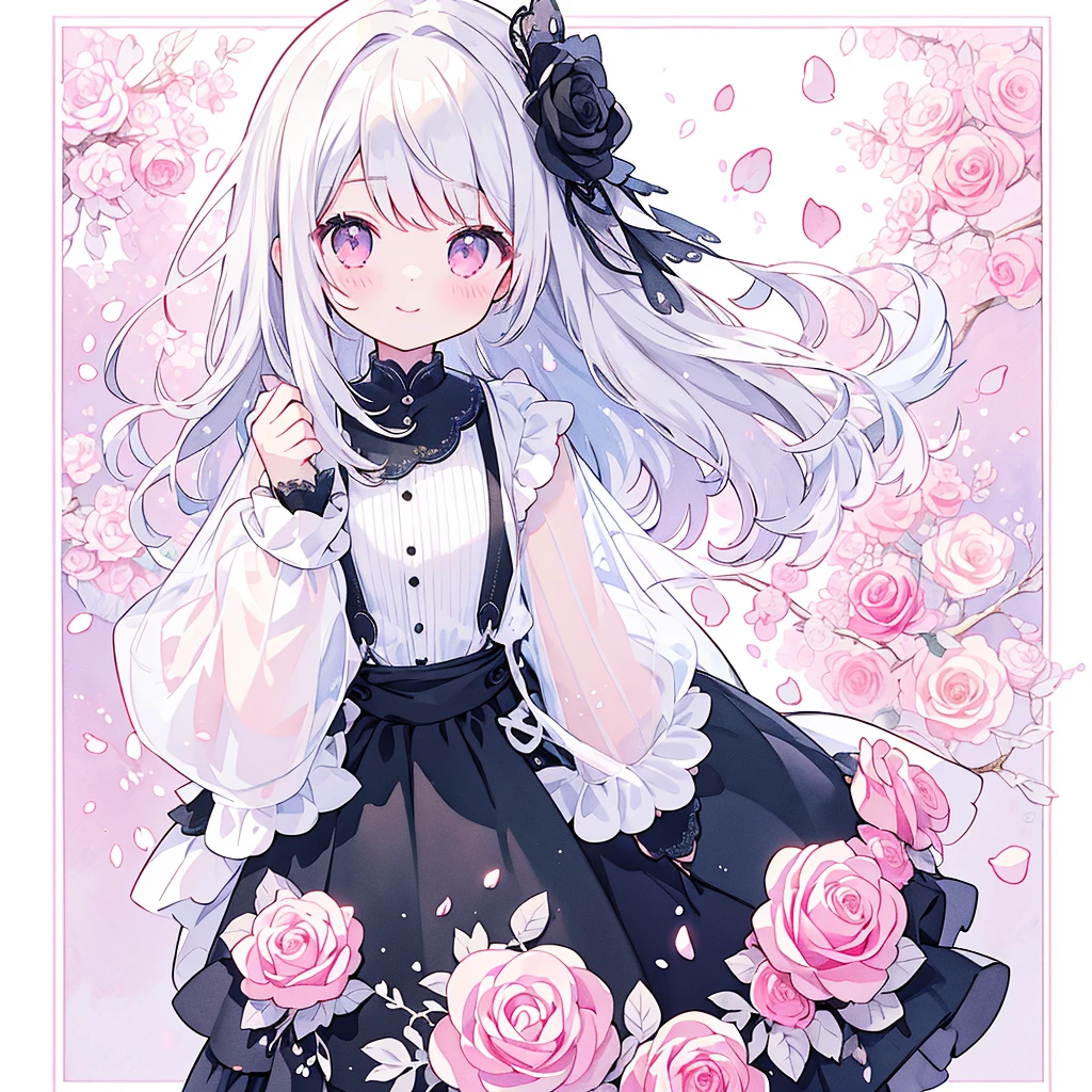 Transparent watercolor、、Beautiful layout and motif、Depth of written border、smile、1 person、Silver Hair((Medium Hair、Straight Hair))、White bristles、Fashionable design clothes、Background white、Rose petals、cute、black and pink goth、