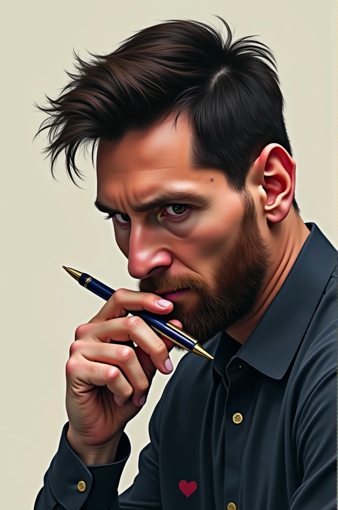 Messi is thinking with a pen in his hand