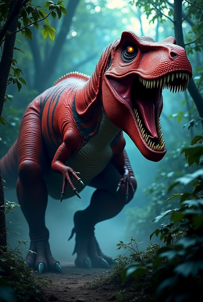 frightful Tiranossauro Rex vermelho com listras negra na floresta africana de noite. Terror. frightful. fear.