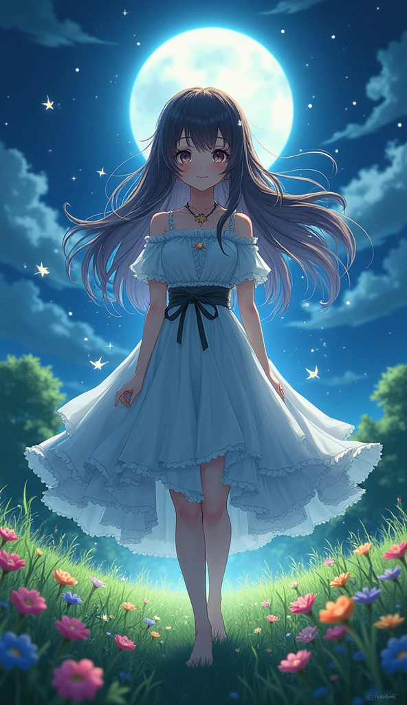 (masterpiece、Highest quality、8k、High resolution)、1 female、(Beautiful Face、Beautiful Face)、Beautiful eyes with slit length、Cute lips、Beautiful Nose、Brownish black hair、smile、(Best anime girl)、Grassland with a forest view、Walking,Colorful flowers blooming in the field,A bright night with the stars clearly visible、full moon、milky way、Mysterious light particles from the whole body、Colorful light particles、A mysterious light shining around your head、melt、jewelry、necklace、dress、(Beautiful full body style)、Highly detailed anime art、A complete portrayal、