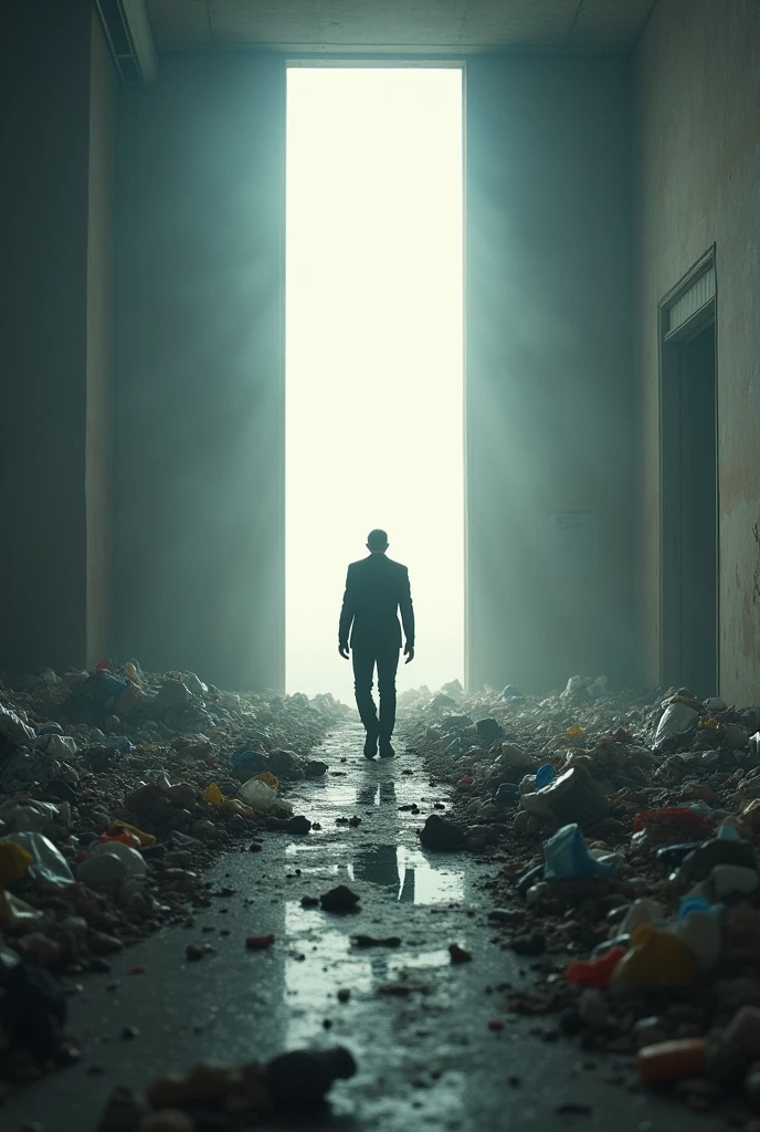 ((High definition, Masterpiece, 8k, Digital Photography, Digital Art)), ((Natural illumination)), contrast, white illumination, ((A tiny man walking through the floor of a giant room)), ((The room is filled with garbage))