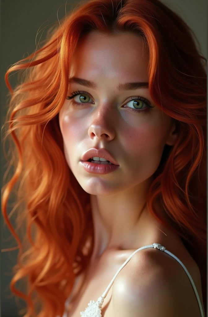 Sexy nude green eyed girl with curly red hair takes dirty selfies with her phone. She is realy hot. Ultra realistic.