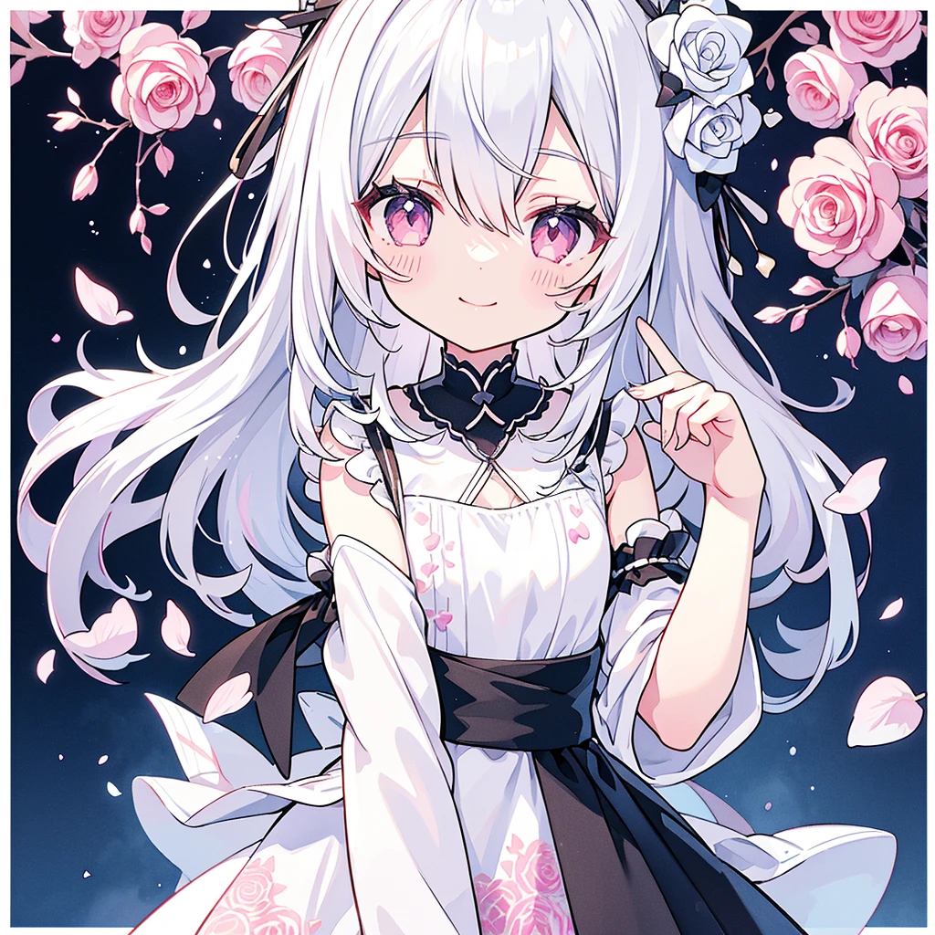 Transparent watercolor、、Beautiful layout and motif、Depth of written border、smile、1 person、Silver Hair((Medium Hair、Straight Hair))、White bristles、Fashionable design clothes、Background white、Rose petals、cute、black and pink goth、