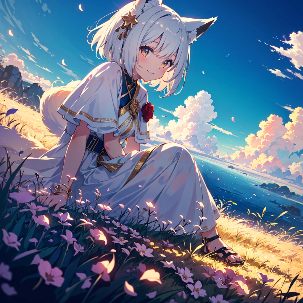1girl, taking selfie, fox ears, fox tail, white hair, bob cut, golden eyes, light smile, white dress, beautiful, Sitting on a hill, big blue sky, clouds, petals flying, looking at viewer, low angle, delicate face, line art, kawaii aesthetic, 32k uhd, multilayer, (Depth of field, cinematic angle, cinematic lighting:1.2), (masterpiece:1.2), (best quality:1.2), (very aesthetic:1.2), (absurdres:1.2)(detailed background), newest, intricate

