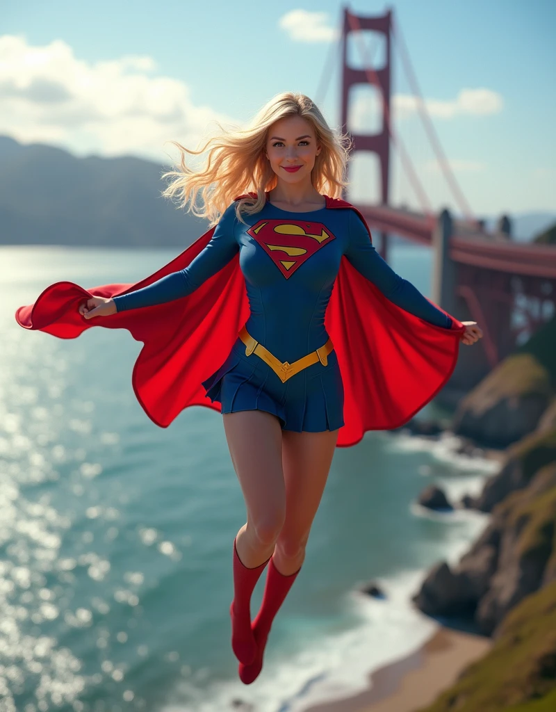 Una attractive muje rubia de ojos claros, suspended in the air three meters above the sea, sexy Supergirl, short skirt, blue and red outfit, attractive,Supergirl, smiling, female athlete, attractive mujere fitness, fighting pose, In the background the Goldengate Bridge in San Francisco, California, Red cape flutters in the wind.