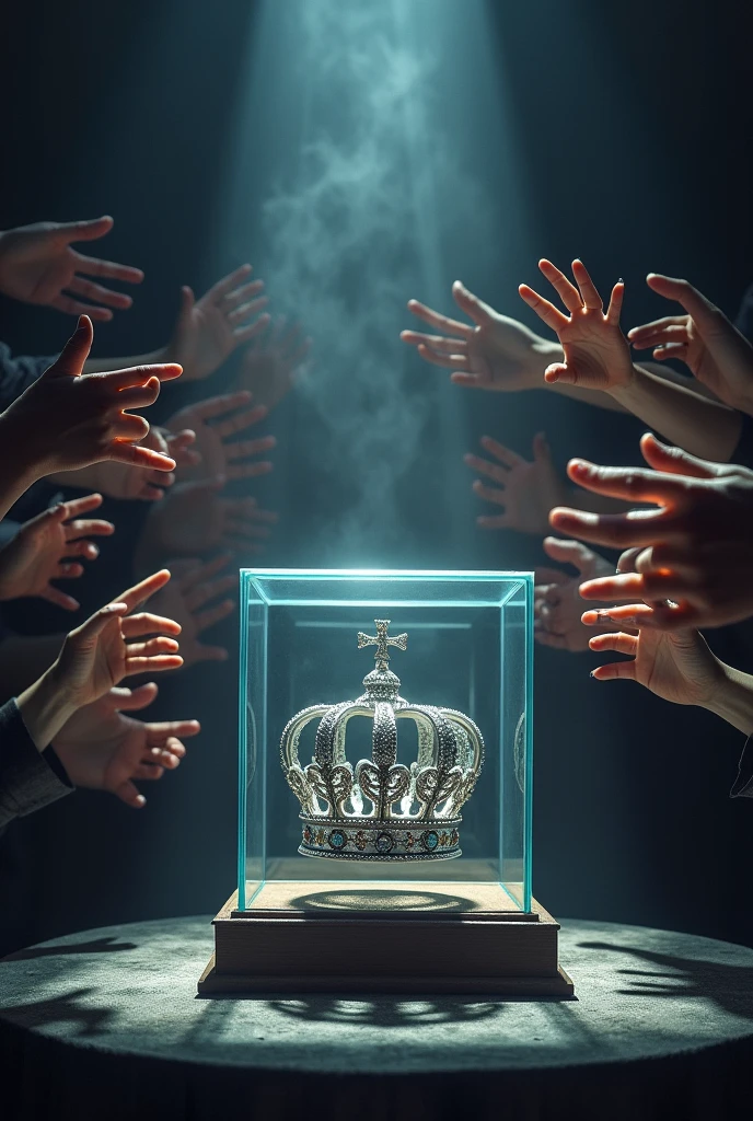 (bookcover), large silver wedding crown, Wedding crown in a glass box on the table, dark background, Under the glass box there is a stage space for cast weddings, Many hands from the right and left want to grab the wedding crown, perfect hands