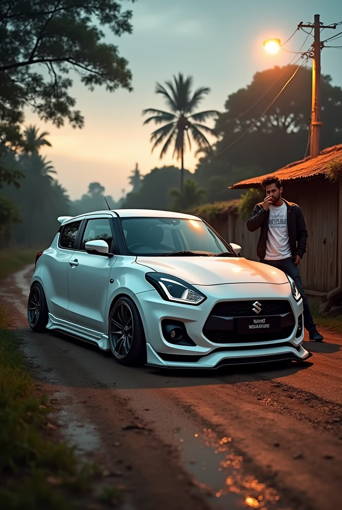 a maruthi suzuki swift white colour modified alloy lower body and a man smoking in road side in village road a warm street light and a mudd road evening and sunrise