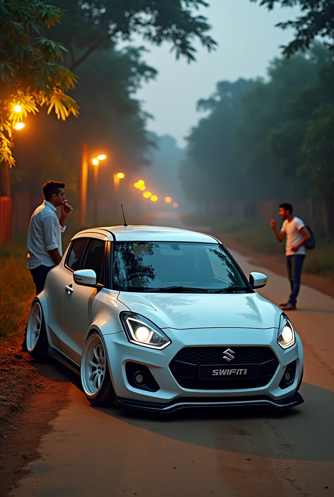 a maruthi suzuki swift white colour modified alloy lower body and a man smoking in road side in village road a warm street light and a mudd road  evening and sunrise 