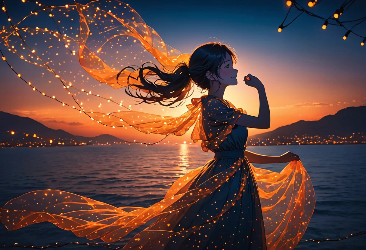 The image depicts the silhouette of a person standing against a stunning sunset backdrop. The sky transitions from a rich orange near the horizon to deep blue as it ascends. The person appears to be wrapped in a string of small, glowing fairy lights, with some of them lit up, creating an ethereal and captivating contrast against the dark silhouette. The person seems to be holding up one arm, perhaps adjusting or interacting with the lights. The overall mood of the image is peaceful and enchanting.girl,smile