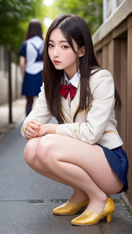 girl、High school girl naked from the waist down、High school girl uniform on the upper body, Squat、sit、For viewers、、Urinating、Pee、(blush:0.8)、Exposed female genitalia、alley、solo, High resolution, Long Hair, High resolution, masterpiece, Anatomically correct, accurate, Winner of numerous awards, 最高quality, detail, detail, High-resolution model, 高いdetail, quality, 高quality, Retina, Very detailed, Ultra high definition, Textured skin, Textured skin, Ultra high definition, 
