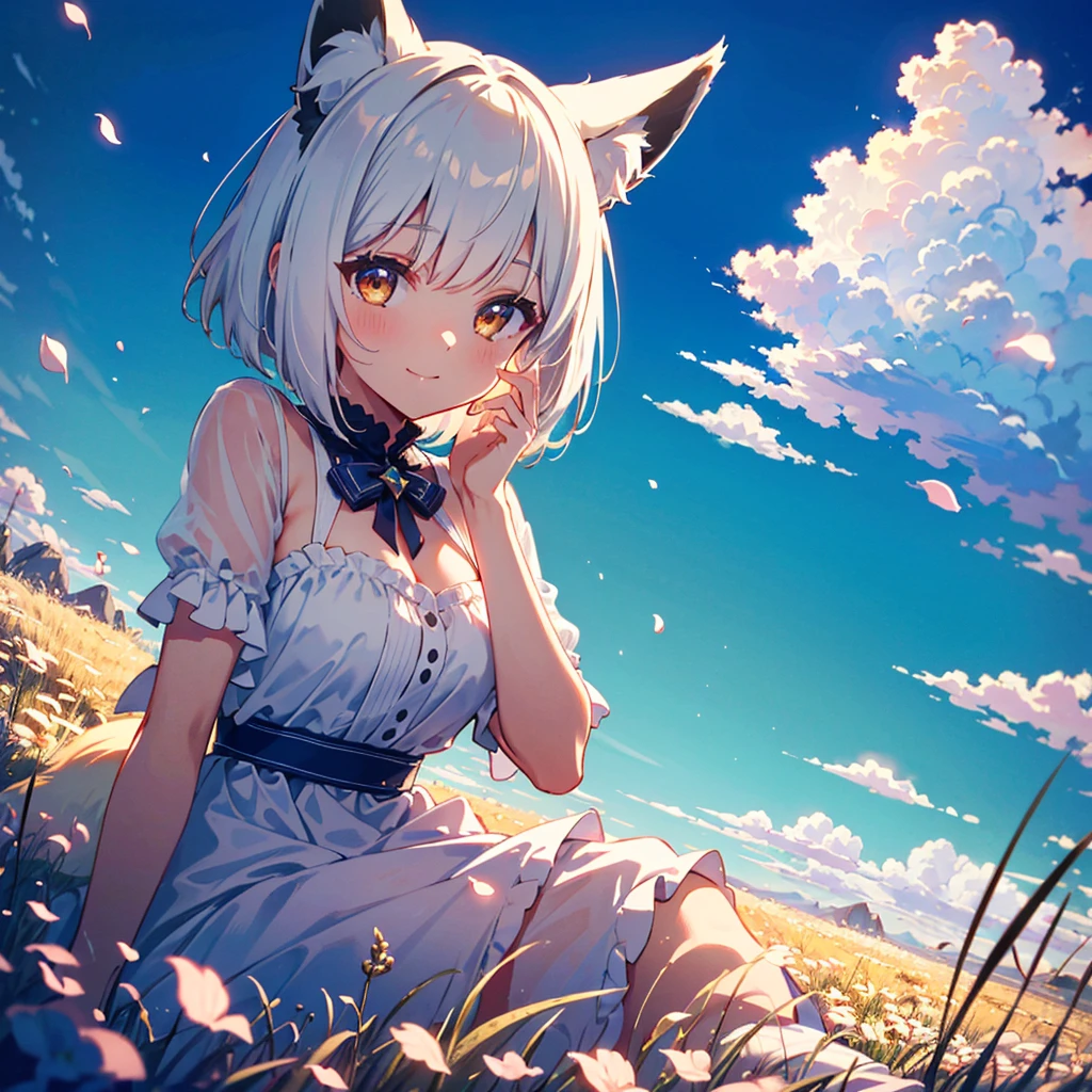 1girl, taking selfie, fox ears, fox tail, white hair, bob cut, golden eyes, light smile, white dress, beautiful, Sitting on a hill, big blue sky, clouds, petals flying, looking at viewer, low angle, delicate face, line art, kawaii aesthetic, 32k uhd, multilayer, (Depth of field, cinematic angle, cinematic lighting:1.2), (masterpiece:1.2), (best quality:1.2), (very aesthetic:1.2), (absurdres:1.2)(detailed background), newest, intricate