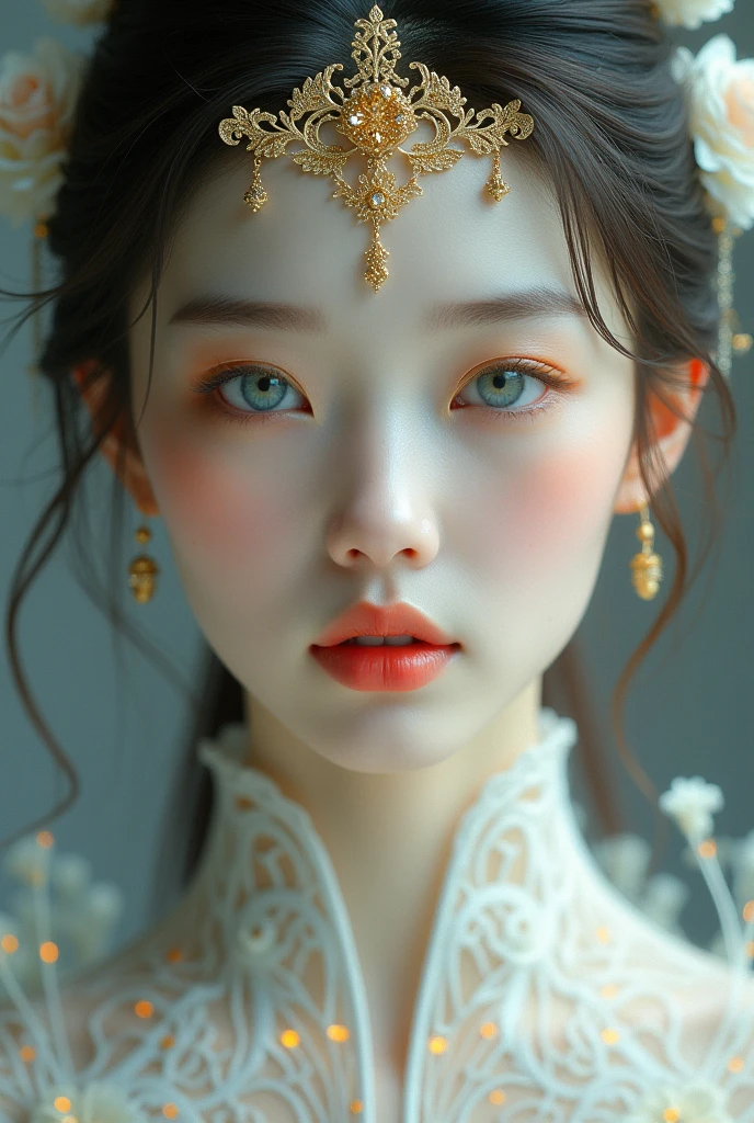 Hyperrealistic portrait of an ethereal Korean woman. White porcelain face with intricate gold ornamental details. Deep blue eyes with gold eyelids. Soft, pink lips. Art Nouveau design in gold on white skin, extending across forehead and cheeks. Long, elegant neck with white and gold decorative elements. Soft lighting enhancing the contrast between pure white and bright gold. Blurred background in light tones.