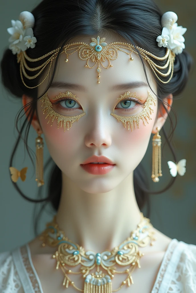 Hyperrealistic portrait of an ethereal Korean woman. White porcelain face with intricate gold ornamental details. Deep blue eyes with gold eyelids. Soft, pink lips. Art Nouveau design in gold on white skin, extending across forehead and cheeks. Long, elegant neck with white and gold decorative elements. Soft lighting enhancing the contrast between pure white and bright gold. Blurred background in light tones.
