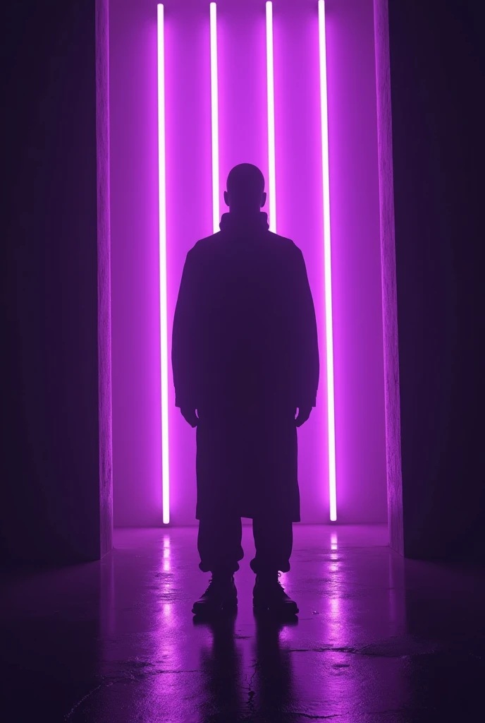 Create a hyper-realistic image of a tall, narrow silhouette of a person standing in a futuristic doorway. The scene is lit by three tall, vertical purple neon lights, casting a bright, even light that forms a stark contrast to the surrounding darkness. The figure is centered and silhouetted against the light, creating a mysterious and supernatural effect. The overall atmosphere is moody and engaging, set in a sci-fi environment with a purple and black color scheme.