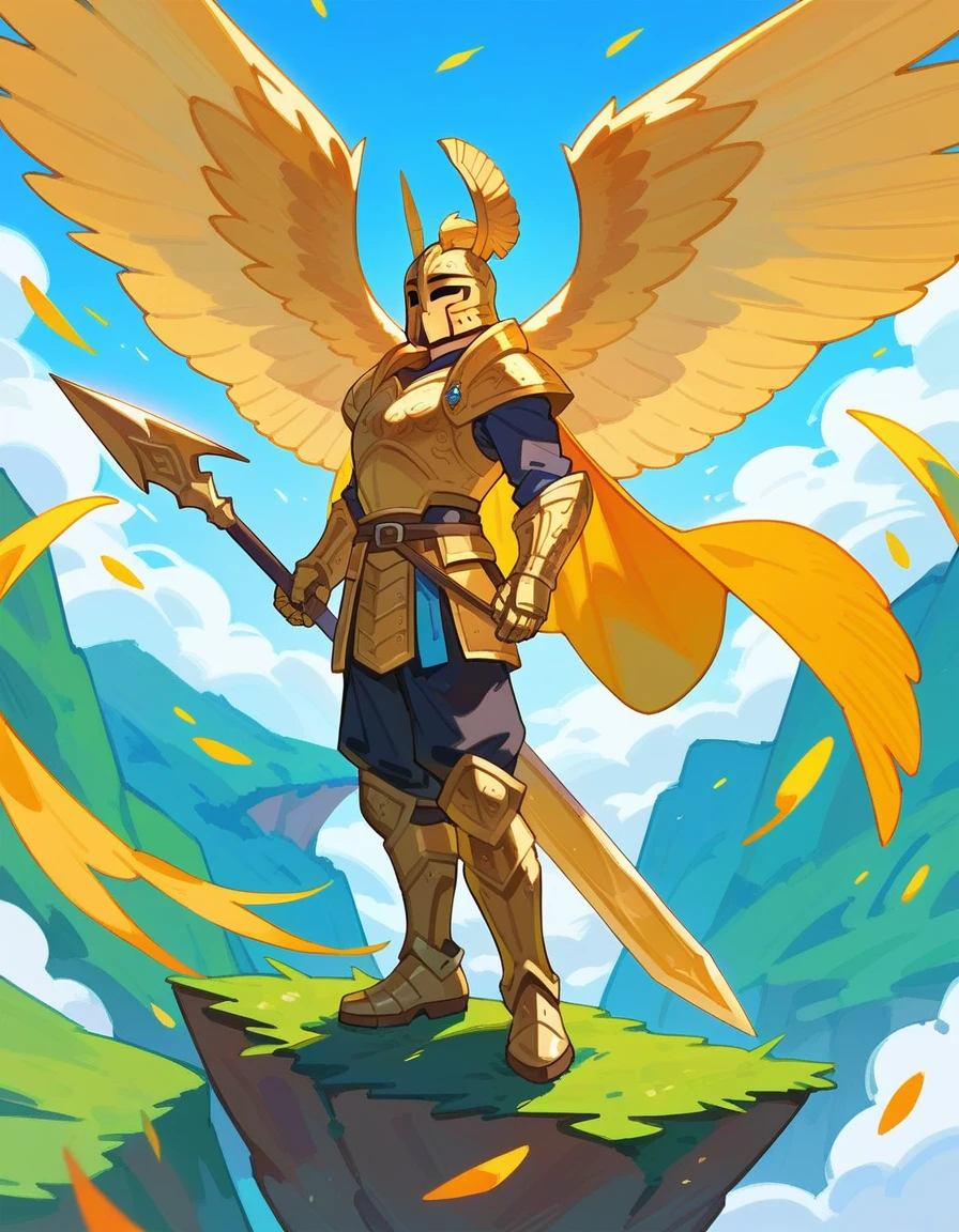 Golden Winged Griffin:With golden wings and a brave gaze,Wearing a helmet made of steel,Wearing a robe made of heavy golden armor,Sharp golden claw boots,Circling on the top of the cliff,The background is the howling wind。