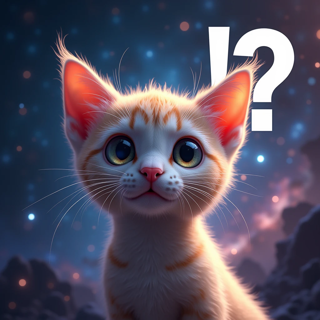 Close-up of a cat face, outer space in the background (stars and galaxies shining beautifully), space cat, large "!?" on the screen is written in large letters on the screen,