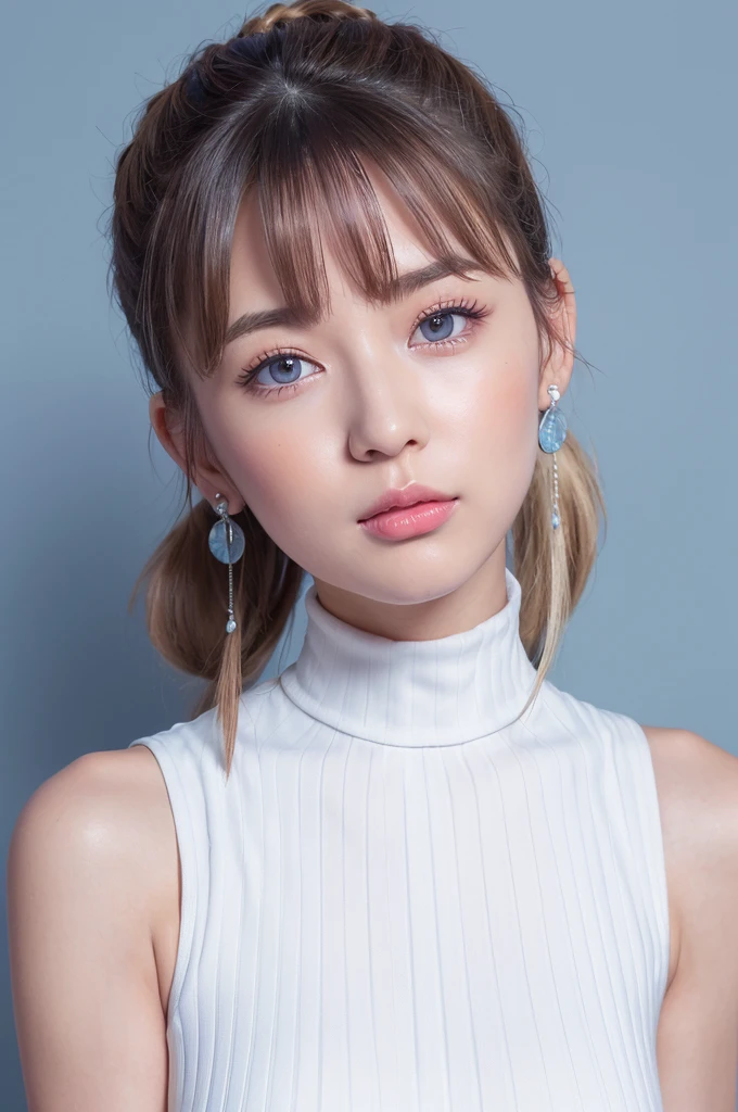 ((Highest quality)), ((masterpiece)), (High-definition photos), (upper ponytail), (Blonde), (bangs), (beautiful girl:1.3), False eyelashes, (earrings), white sleeveless turtleneck dress with a ribbed texture and a bodycon fit, (white skin), head tilt, (Blushed:1.3), (face close up), from side, (kiss the watermelon:1.4), Shiny skin、wetty lips, Thin eyebrows、(Blue eyes:1.1)