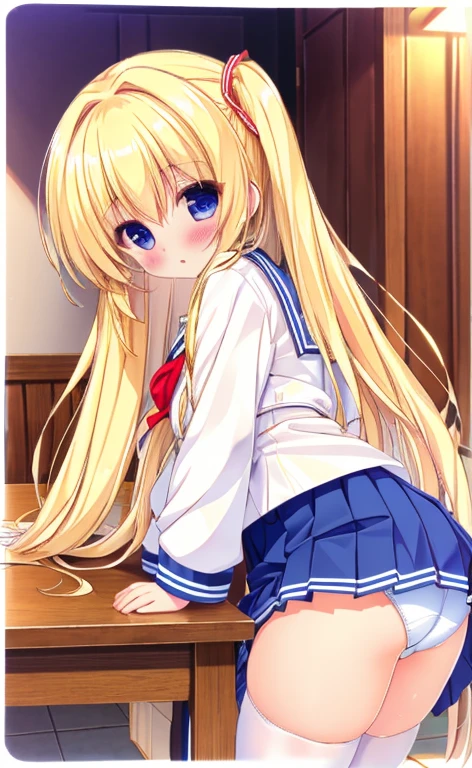 Beautiful long blonde　Girl in a sailor suit　Pleated skirt　mini skirt　Long sleeve　whole body　Shyness　Leaning forward　Shaking on the table　Place your crotch on the corner of the table　Watery eye　White panties　Skirt flipped　Facing forward　Masturbation at the corner of the table