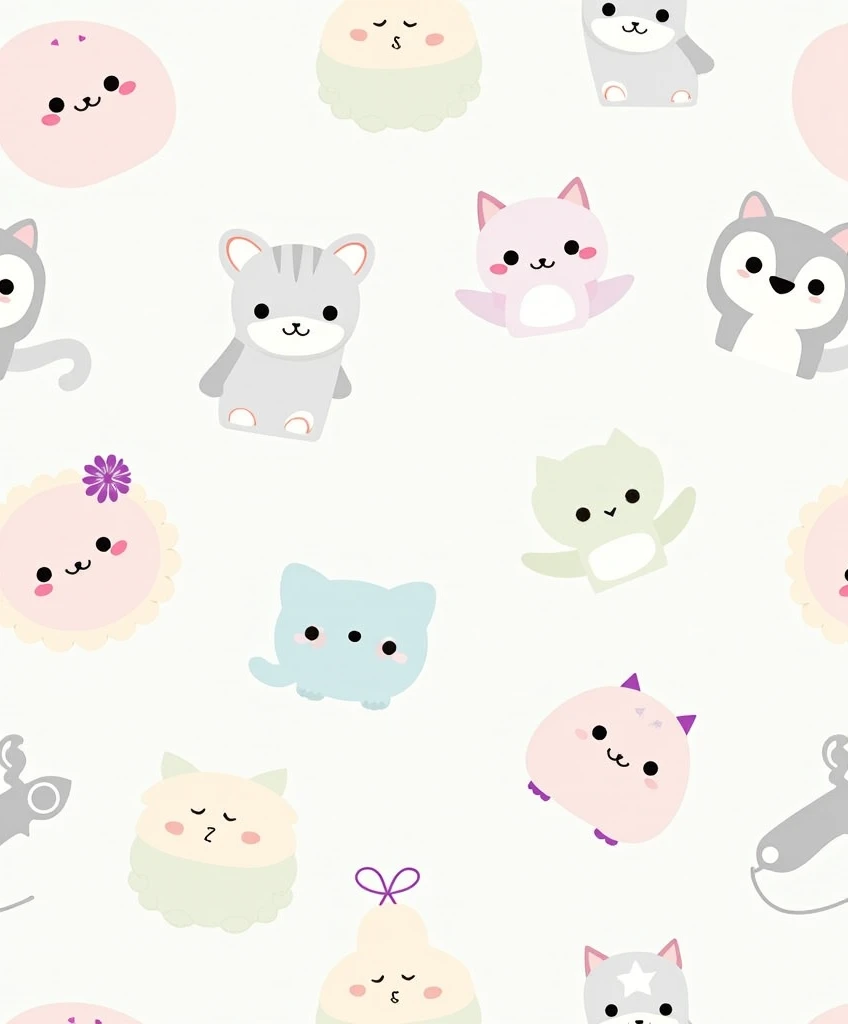 "Create a cartoon pattern, with high definition repetition and contrast. 3d, focused on Squishmallows characters arranged in an overlapping manner, taking up all the space, without leaving empty areas. The image should include different Squishmallows with adorable expressions., all drawn with thin black outlines on a light gray background. Some of the characters should be colored in soft shades of pink., green and blue, while others remain black and white.
Specific characters to be included:
Um Squishmallow axolote, with pink body and lighter cheeks, positioned in the central left part.
Um Squishmallow em forma de cacto, with a green body and a purple flower on top of the head.
An owl Squishmallow, in shades of blue and white, located on the right side of the image.
Various other monochromatic Squishmallows, including a cat, a elephant, a raccoon and a lion, drawn only with thin black outlines.
Each Squishmallow must have a simple and cute facial expression., varying between smiling, blinking, or simply with your eyes open. The lines that delimit the characters must be thin, but well defined, creating a sharp contrast between the colored characters and the black outlines.
Art should maintain a soft and cozy appearance., ideal for printing women's, children's and teenage clothing. Ensure that the print has a homogeneous distribution, with the characters interspersed and overlapped in such a way that they create a continuous and pleasing pattern, no empty spaces."