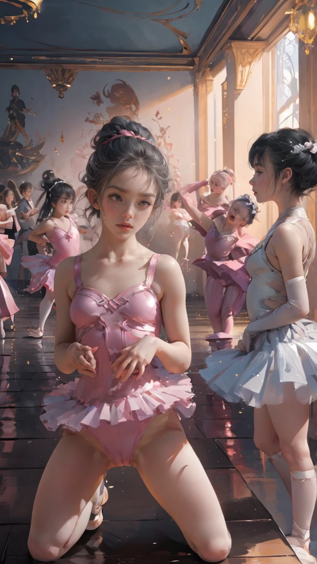 ExtremelyDetailed (((Kawaii Ballet Girls Group in a row:1.37))), Childish perfect face, Reflective Eyes, Detailed(Delicate Clothing textures), Corrected Leg Line, (Corrected Childish Hand), (Correct limbs), Dynamic Joyful Expressions LifeLike Rendering, ((Specular Reflection:0.8)), TopQuality 8K Ultra-detailed masterpiece (ProfessionalPhoto:1.37)(Acutance:0.8),(Luminism:1.28), Light particles, (Muscle:-0.5), facing away (from side ) (Clearly visible Beautiful hip shape).(((NFSW,pussy))),