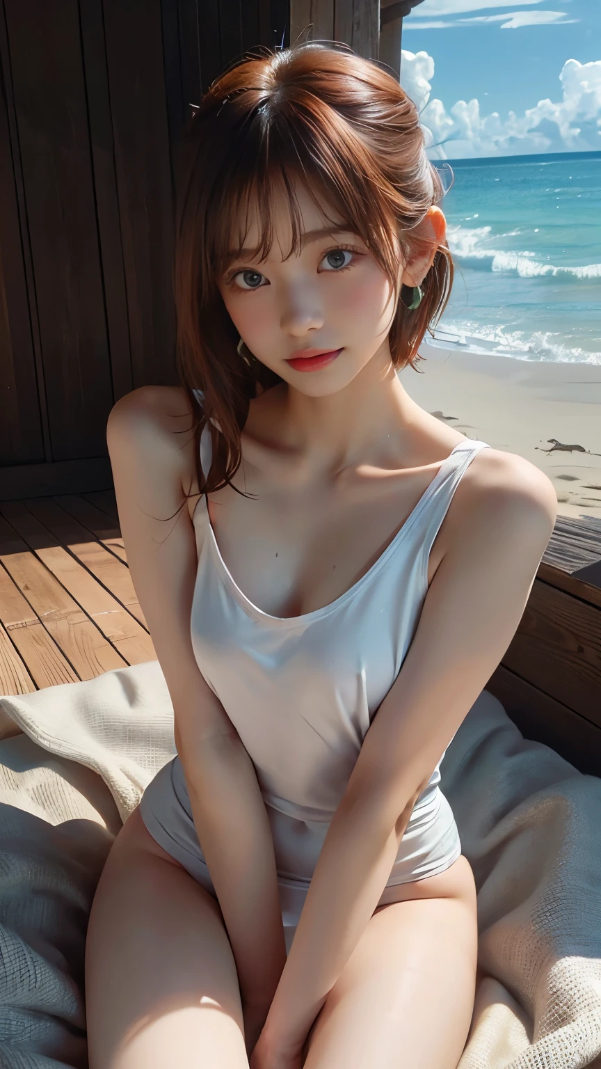 Highest quality,Realistic,masterpiece,detailed,High resolution,cute , chest, 1 girl, alone, Nipples, Masturbation, No fixes, , big chest, blush, , grabbing own chest, Pulling up clothes, pulling up shirt, Poster (object), short hair, belly button, Sweat, Sitting, jewelry, Earrings, Outdoor, Bottomless, bikini, Mole, Orange Hair,, lips apart, very good, clavicle, Glowing Skin, lips, Open your mouth, shirt, Green Eyes, vein, Realistic,Excited,aphrodisiac,Flushing,Ocean ,Palm tree,clouds in the distance,Beach,Embarrassed face,splash,Sweat,Ocean岸,bedに仰向け,bed,indoor,Pink Swimsuit