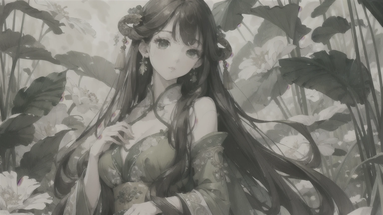 best quality,masterpiece,highres,(exquisite body:1.5),gorgeous face,(milky skin:1.3),intricate details,high resolution,wallpaper,1girl,solo,dress,hair ornament,(((green dress))),flowers,long hair,brown hair,closed mouth,jewelry,long sleeves,wide sleeves,big eyes,floating hair,chinese clothes,hanfu,