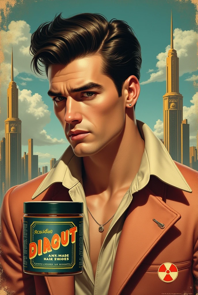 Hair pomade in fallout style 50s advertising poster