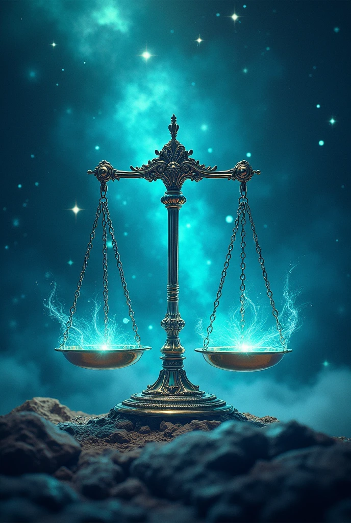 Create an epic image of libra zodiac sign symbol with aqua glowing effects, and set against a cosmic background filled with stars, nebulae, and swirling galaxies.
