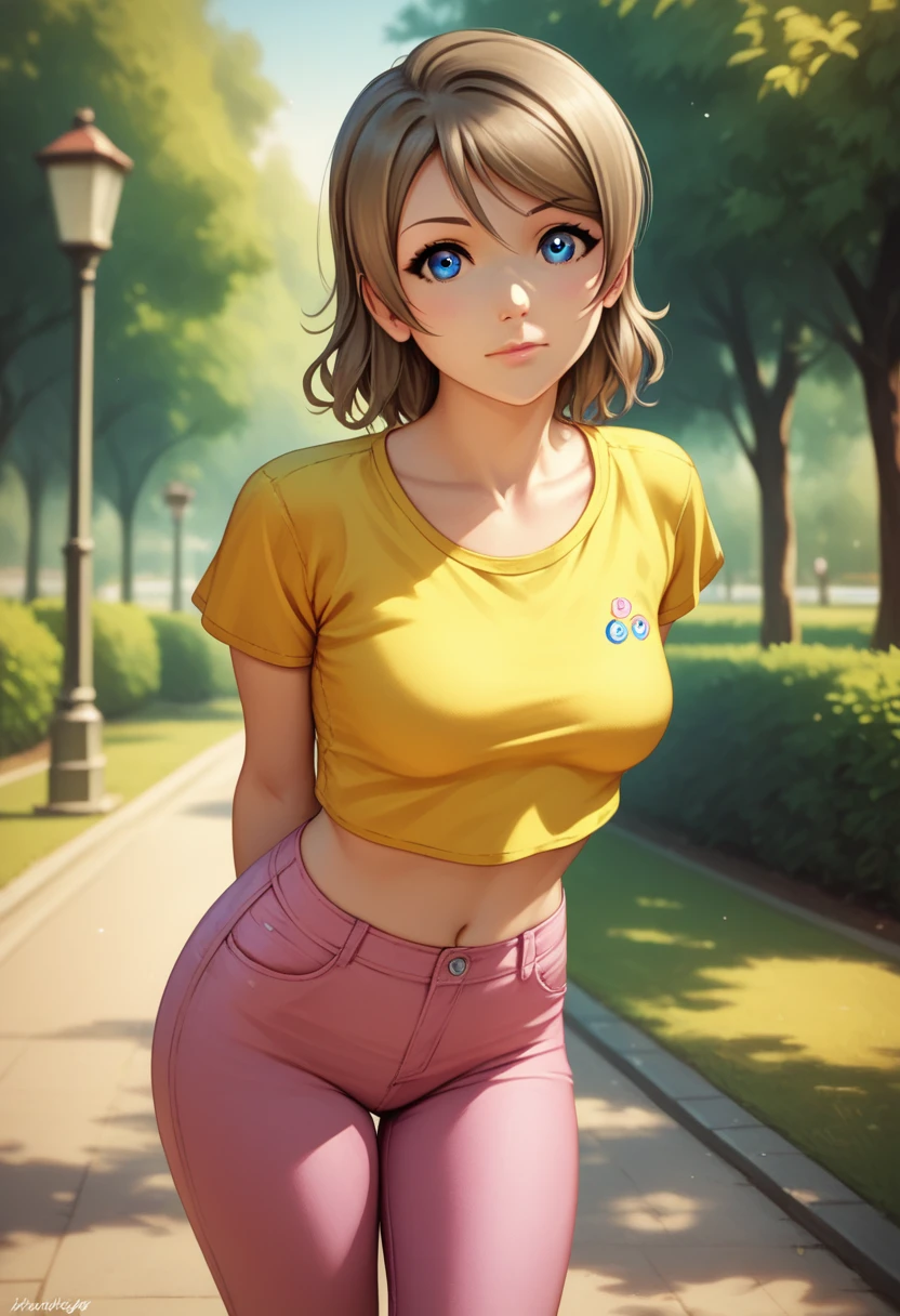 (Masterpiece), 8k wallpaper, solo, realistic anime, Watanabe you, standing, yellow crop top, short sleeves, pink pants,thighs, sunny day,blue eyes, beautiful detailed face and eyes, detailed background ,park street , arms behind back, staring at viewer, leaning forward,closed mouth 