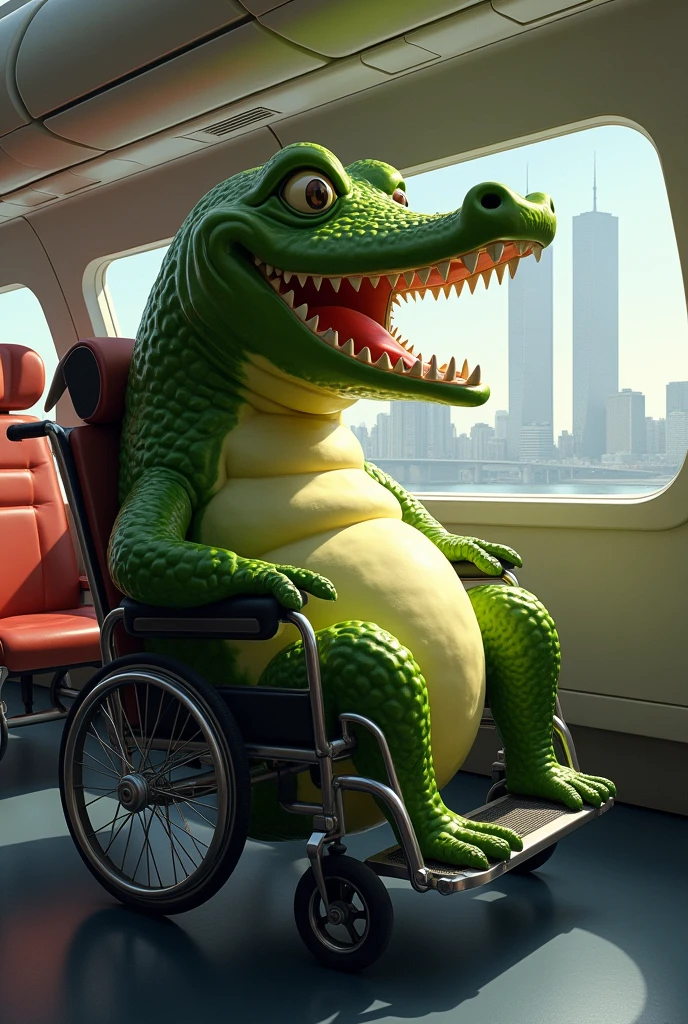 Big pickle using an alligator mask using wheelchair in a plane going through two twin towers in the background 