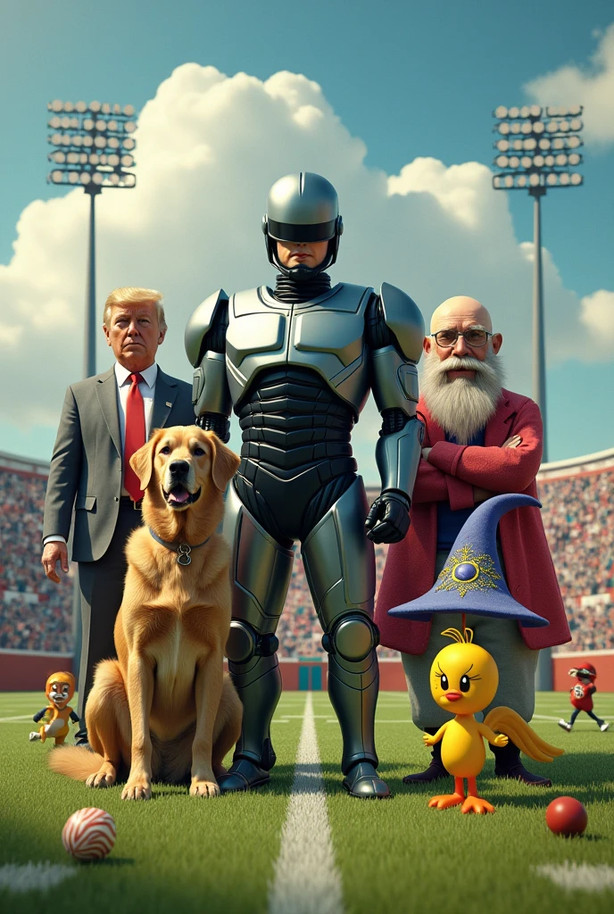 Create an image where Robocop appears, Donald Trump, a dog, baby bop barney&#39;s friend, a bald wizard, a standing gotenks, failed transformation, a Tweety and a mustachioed Sam from Looney Tunes, also a makaco, all on a football field 