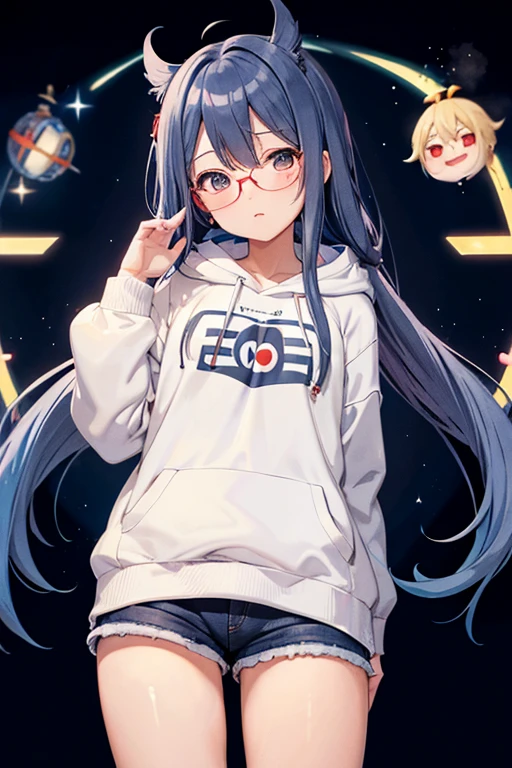 Angelic French doll, Stocky, Brightly colored hoodies, In shorts, Blue Hair ,Disheveled long hair, (anime: 1.2), Wearing glasses, Asymmetrical bangs, masterpiece, Tengu, (Fortuneteller: 0.8), (sleepy: 0.8), Intimate, フレンドリー, 風を受けている, 濡れた髪, anime, ざぁこ♡, 寒い, ハッピー