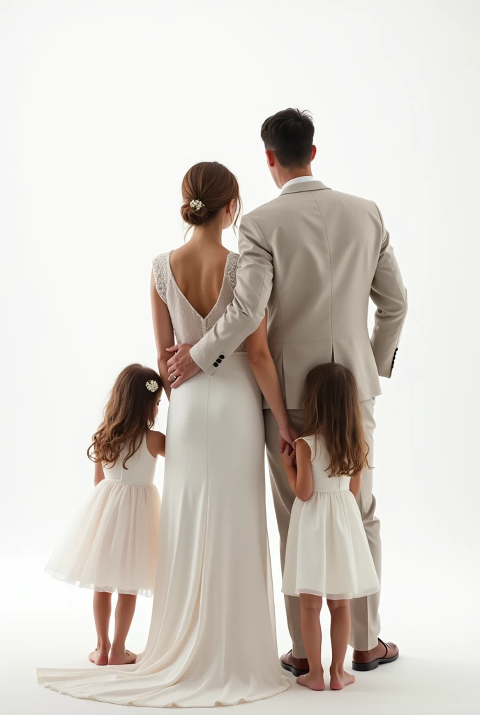 un couple de mariés de dos avec leurs enfants : un et une fille. Fond totalement blanc. la mariée tient le marié par le dos