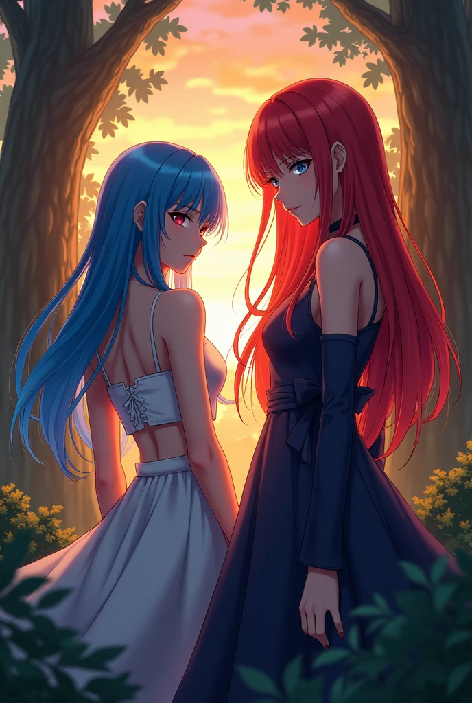 Ram and Rem anime, sexy, , the forest, twilight, girl on the right red hair, girl on the left blue hair, , Long Folos