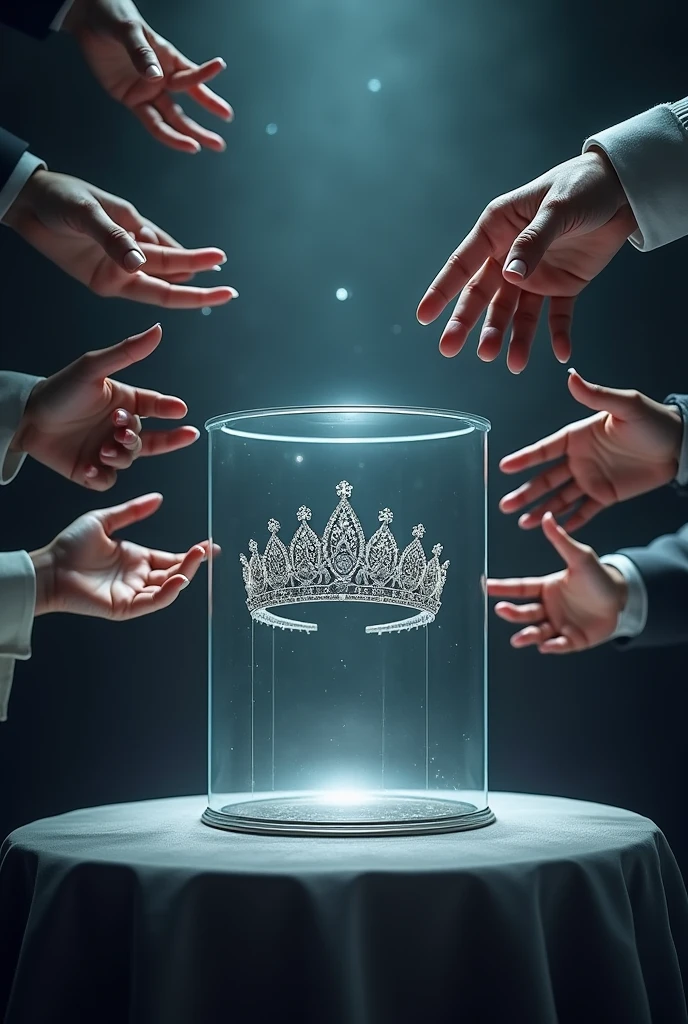 (bookcover), large silver wedding crown, Wedding crown in a glass box on the table, dark background, Under the glass box there is a stage space for cast weddings, Many hands from the right and left want to grab the wedding crown, perfect hands