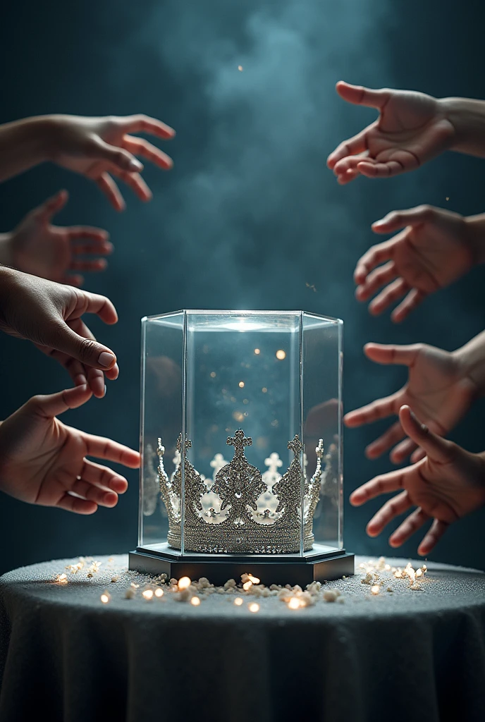 (bookcover), large silver wedding crown, Wedding crown in a glass box on the table, dark background, Under the glass box there is a stage space for cast weddings, Many hands from the right and left want to grab the wedding crown, perfect hands