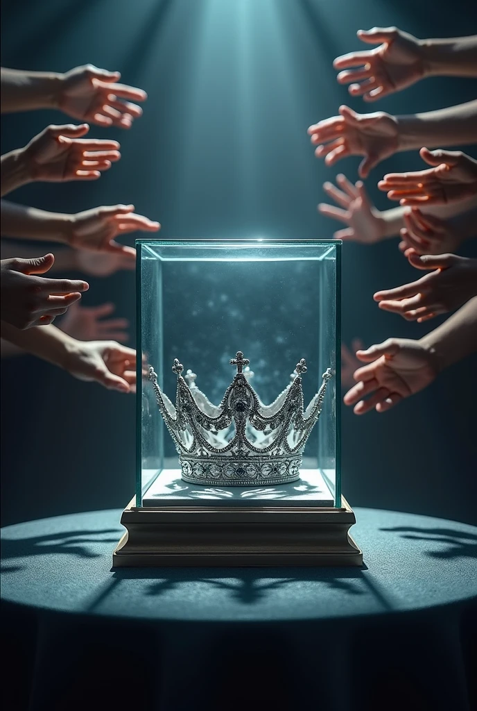 (bookcover), large silver wedding crown, Wedding crown in a glass box on the table, dark background, Under the glass box there is a stage space for cast weddings, Many hands from the right and left want to grab the wedding crown, perfect hands