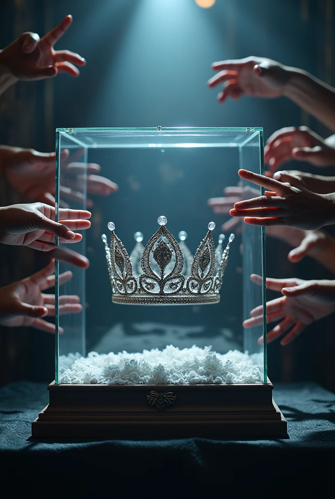 (bookcover), large silver wedding crown, Wedding crown in a glass box on the table, dark background, Under the glass box there is a stage space for cast weddings, Many hands from the right and left want to grab the wedding crown, perfect hands