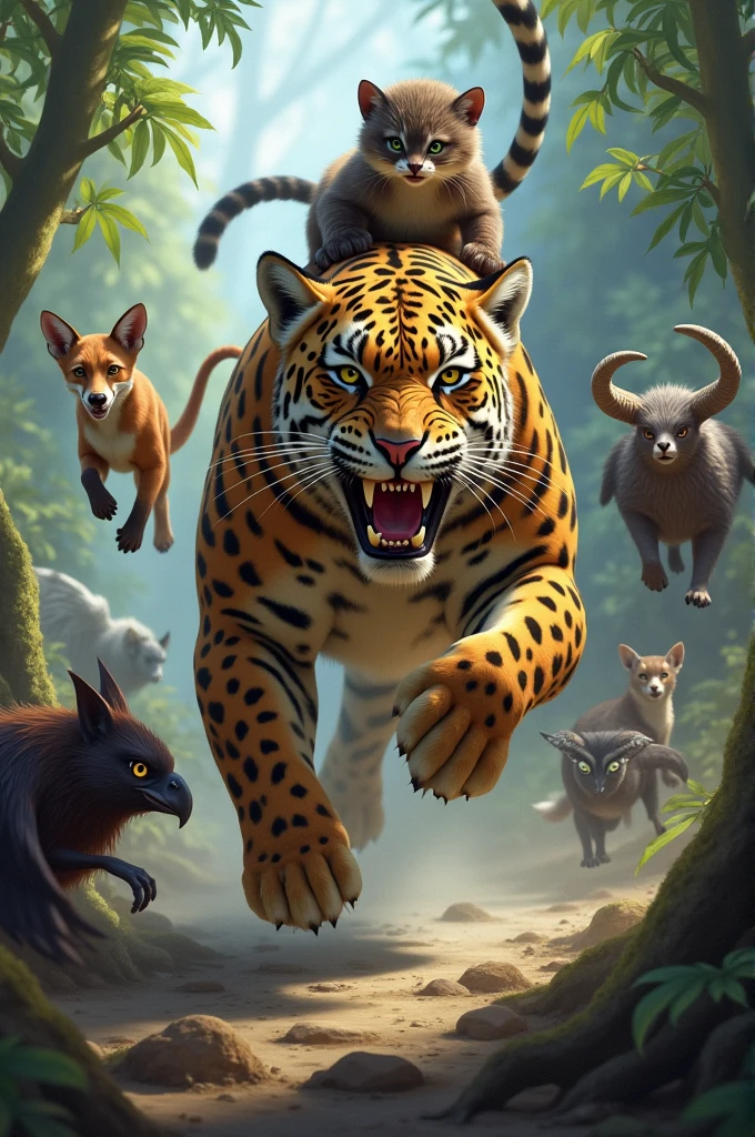 Make a picture of a marmoset riding a jaguar fighting a fox,a bat,a goat and an eagle