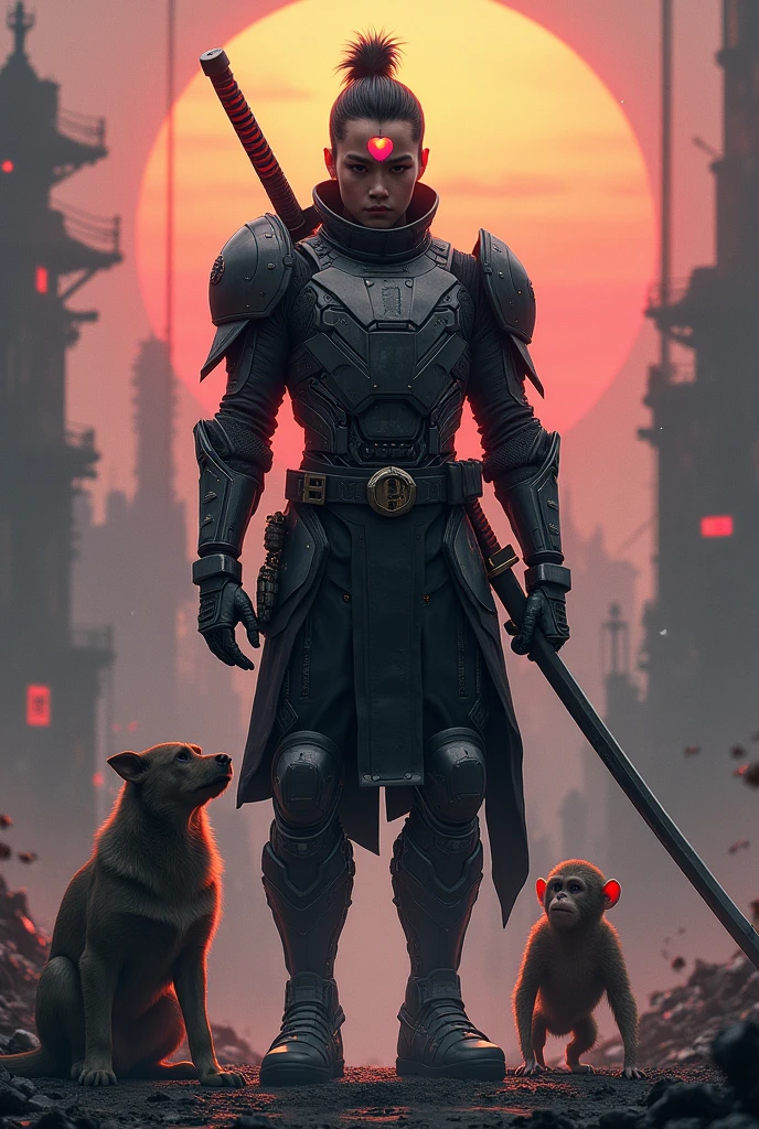 Momotaro, Cyberpunk, (Japan Katana, Samurai), 1 Man, Wakame, Peach in the forehead, ((Mechanical Armor)), Battlefield, Evening, Best Quality, Best Masterpiece, High Definition, 16K, 1 Dog, 1 Monkey, 1 Chick