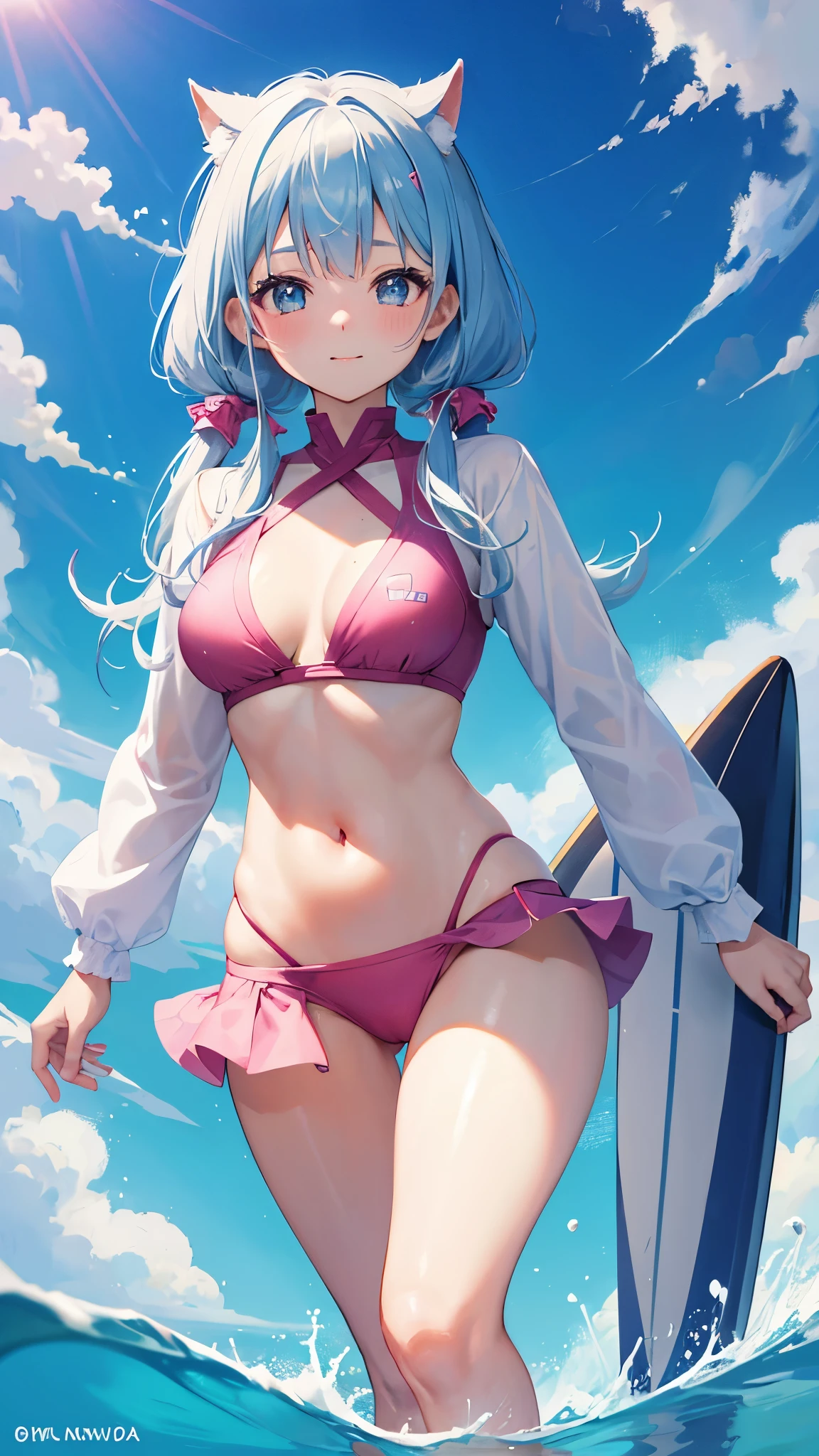 (anime-style cute face)、Women,Light blue twintails,最high quality, （（Sharp details））, (8k, RAW Photos, 最high quality, masterpiece), (looking at the camera),Cute Smile、Very big eyes、anatomically correct body、Big thighs、筋肉質Women、The face is bright、Professional Lighting、Cute little breasts、Emphasis on the chest、（Pink and white long sleeve surf suit、Belly button、slit、Cute frills）、（black and pink spats）、high quality,High resolution,16K,Sharp lines,1 girl,（（（female surfer:1.8））） ,Surfing Venues:1.5、（（Ride the waves on a surfboard:1.8））,Detailed clothing