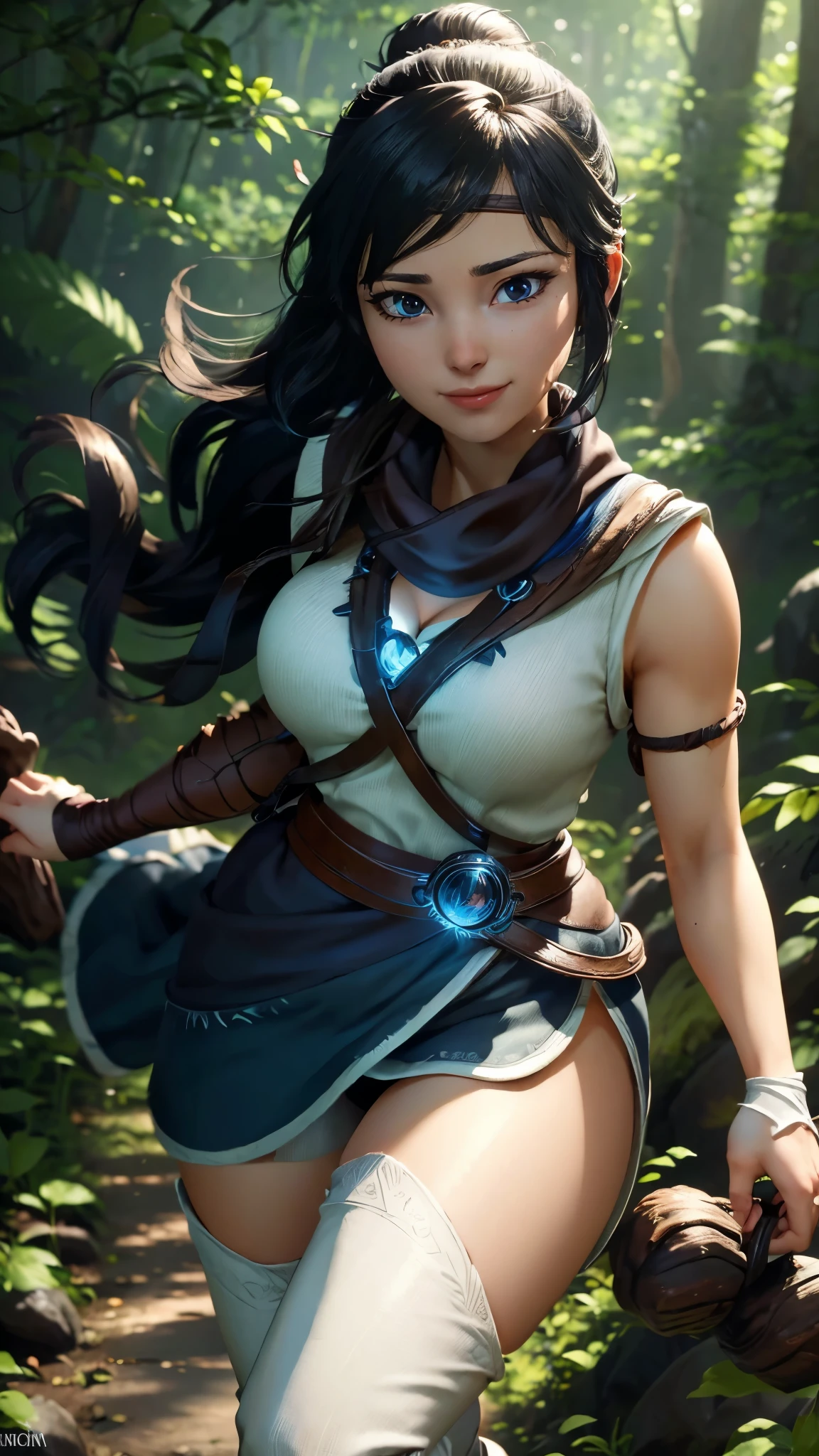 Kena da bridge of spirits,(best qualityer,4K,8k,high resolution,work of art:1.2)(weather: windy), spirit forest background, long hair, white pants, thigh high boots, magic scepter, headband,gloves,ultra detailed,realisitic,portraite,beautiful detailed blue eyes,beautiful detailed lips,extremely detailed eye and face, long eyelashes,sexly,average, large breasts, cleavage,flying hair,beaming smile,powerful girl in a forest, walking,stunning curves,bright coloured,dramatic lighting,composition,