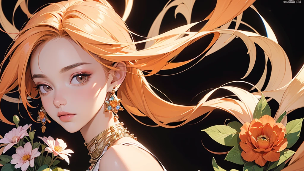 32K, 最高quality, 最高masterpiece, (ultra-Detailed Background, Detailed Background), High resolution, Super detailed, Very detailedな, 1 personの, (bouquet:1.3), (Tangled:1.2), (Geometric:1.2),(colorful),(masterpiece, quality, best quality, Official Art, Beautiful and beautiful:1.2), (1 person:1.3), Very detailed,(colorful:1.1)(Flowers:1.3),Most detailed,(Tangled:1.2), whole body, (Abstract background:1.3), (Skin glows), (Many colors:1.4), ,(Earrings Jewelry:1.5), Pale Orange Background, Gradation, It's imaginative., Flaxen Hair,